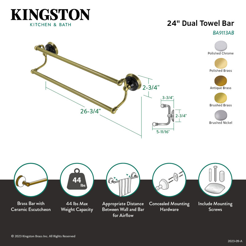Kingston Brass Water Onyx 24-Inch Dual Towel Bar, Polished Brass
