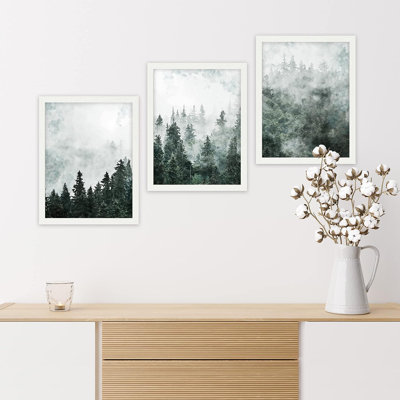 Misty Forest Landscape " IDEA4WALL Framed Foggy Pine Tree Wall Art, Set Of 3 Forest Mountain Wall Decor Prints, Nature Wilderness Wall Décor For Living Room, Bedroom " 3 - Pieces