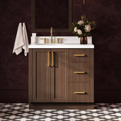 Meuble-lavabo de salle de bain avec lavabo ovale simple décalé à gauche de 91 cm (36 po) et comptoir en quartz blanc de Carrare de 3,8 cm (1,5 po) en chêne brun