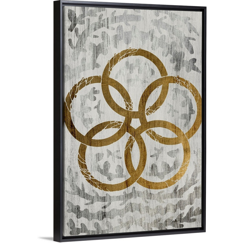 Cinq bagues dorées-feuilles d’or-reproduction d’art sur toile, Cadre noir, H 26 po x l 18 po x P 1,75 po