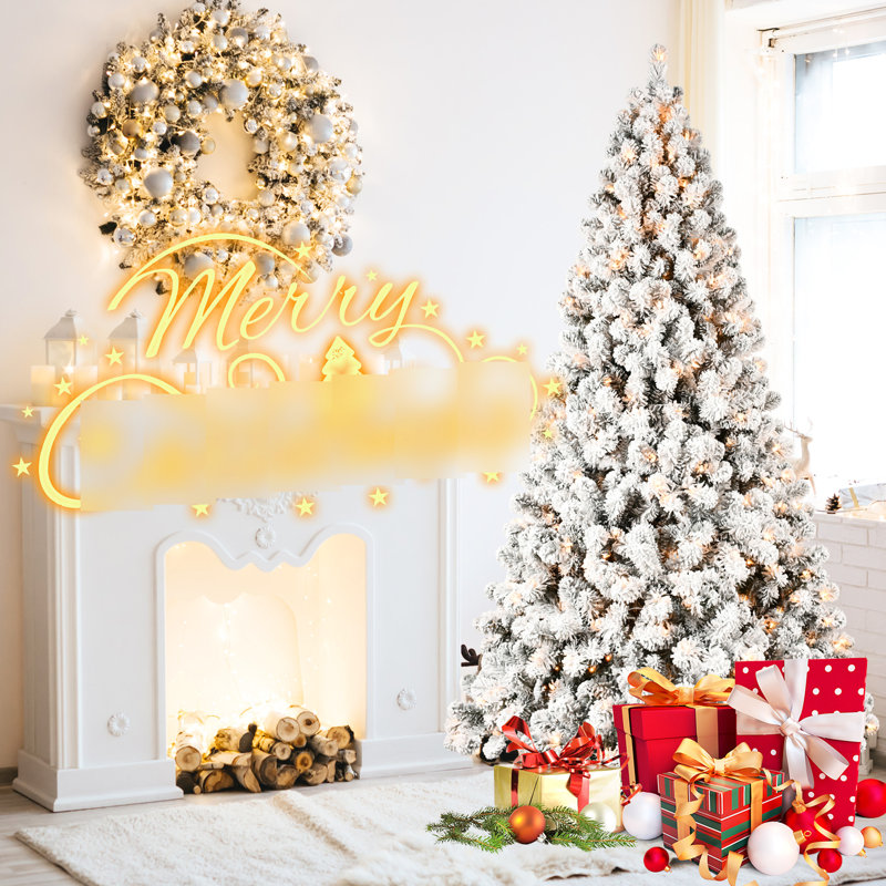 Arbre de Noël 8 pi avec finition floquée, 500 lumières blanches chaudes et une atmosphère festive, lumières pour l'humeur, 8'