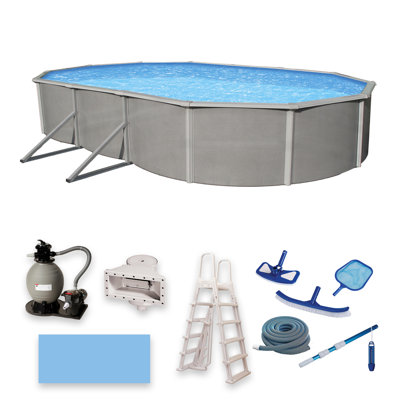 Blue Wave Belize 12-ft x 24-ft Oval 52-in Deep Above Ground Swimming Pool – With Steel Top Rails, Sand Filter, Skimmer, Liner, A-Frame Ladder & Maintenance Kit – Complete Outdoor Pool Accessories