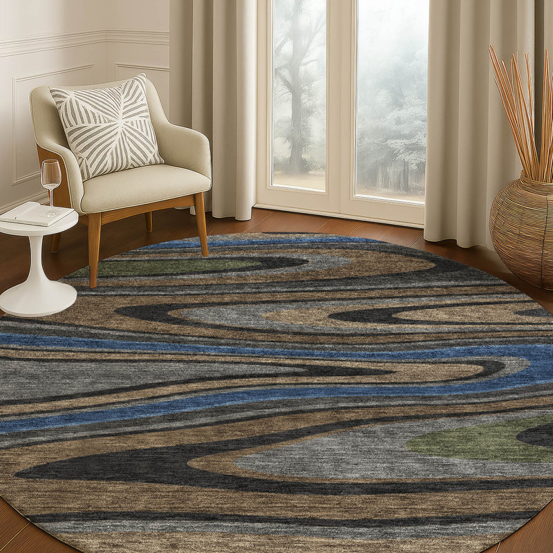Machine Washable Indoor/Outdoor Chantille ACN2494 Abstract Rug, Black, 8' Round