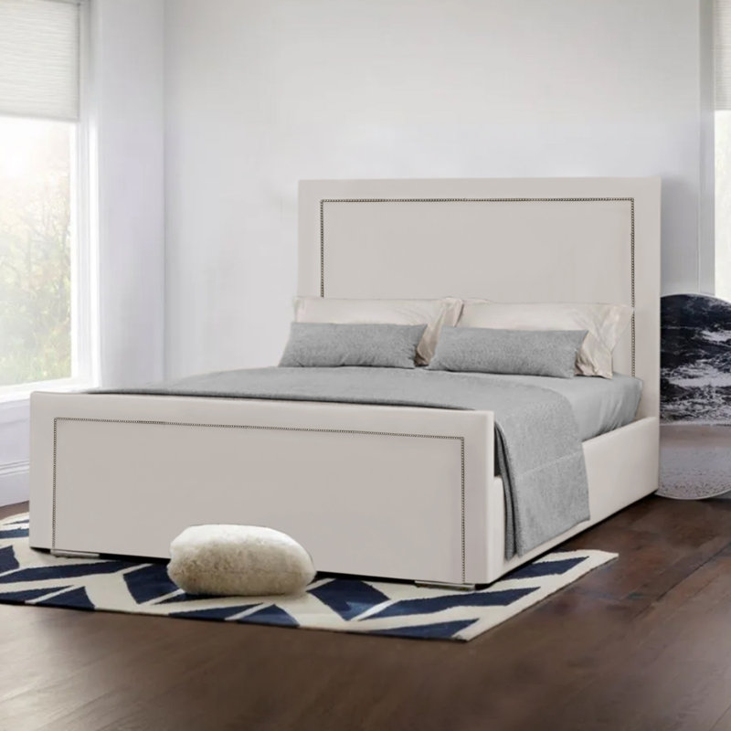 Monaco Studded Bed Upholstered Velvet Bed, Double (4'6), Cream