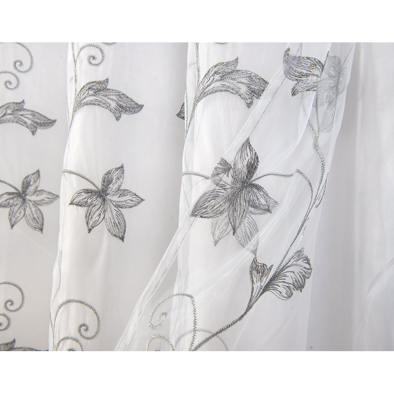 Dahal Embroidered Window Curtain Panel with Attached Valance, Silver