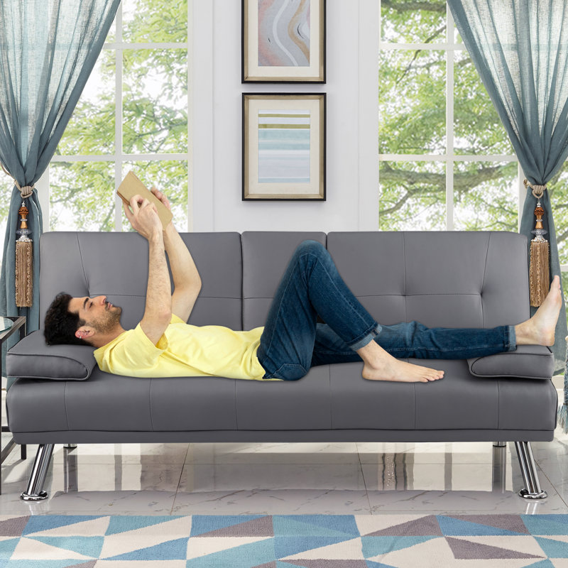 Drewry Twin 66'' Faux Leather Convertible Sofa, Gray Faux Leather