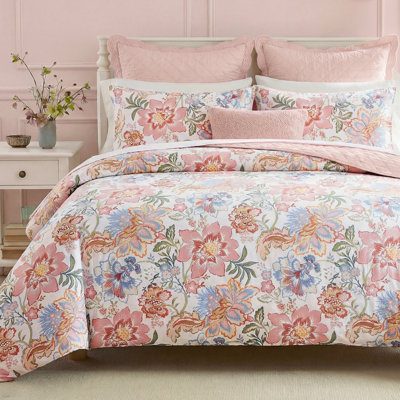 Ensemble de literie pour grand lit à motif floral rose 100% coton à motif de feuilles vertes Ensemble de housse de couette 3 pièces super doux et respirant avec fermeture à glissière et attaches de coin