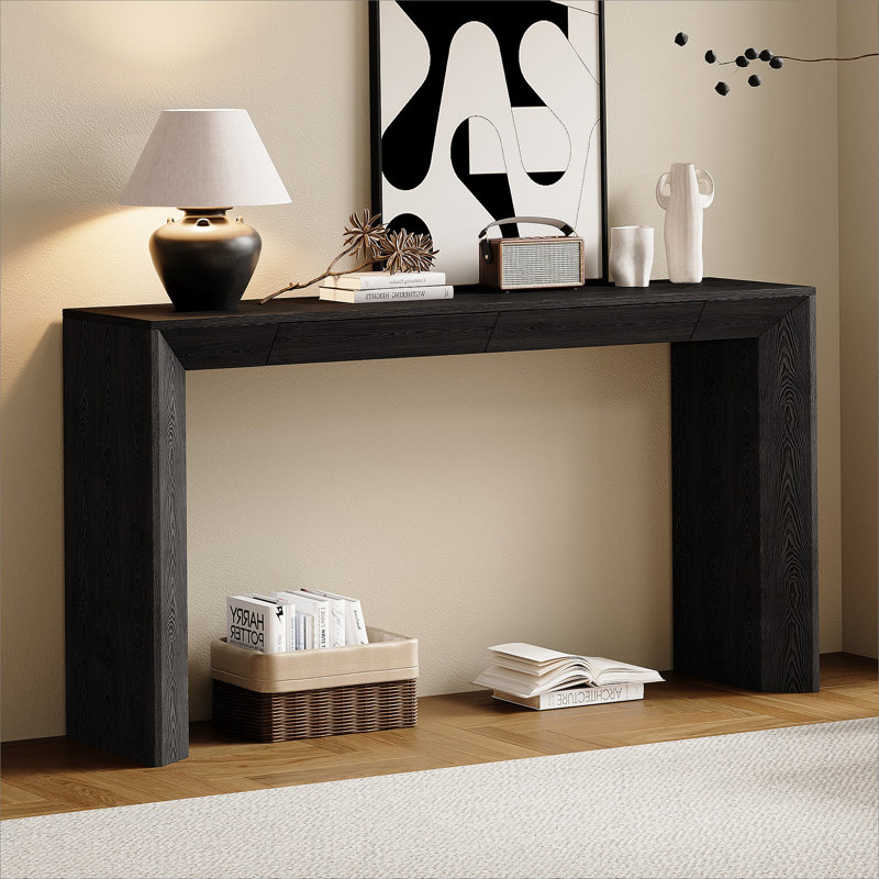 60" Modern Farmhouse Console Table With 2 Concealed Drawers, Waterfall Design Entryway Table With Thickened Legs & Rustic Wood Grain For Living Room, Entryway & Hallway (Black)