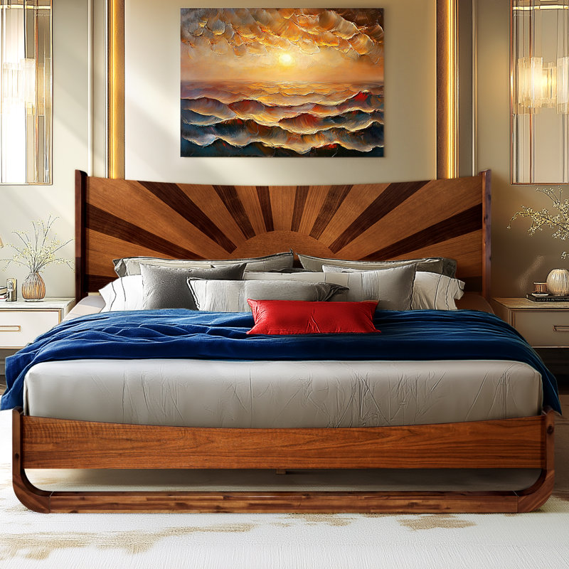 Solid Acacia Wood Platform Bed, Tall Geometric Headboard, Art Deco-Inspired Statement Piece, No Box Spring Needed, Sturdy & Silent, 