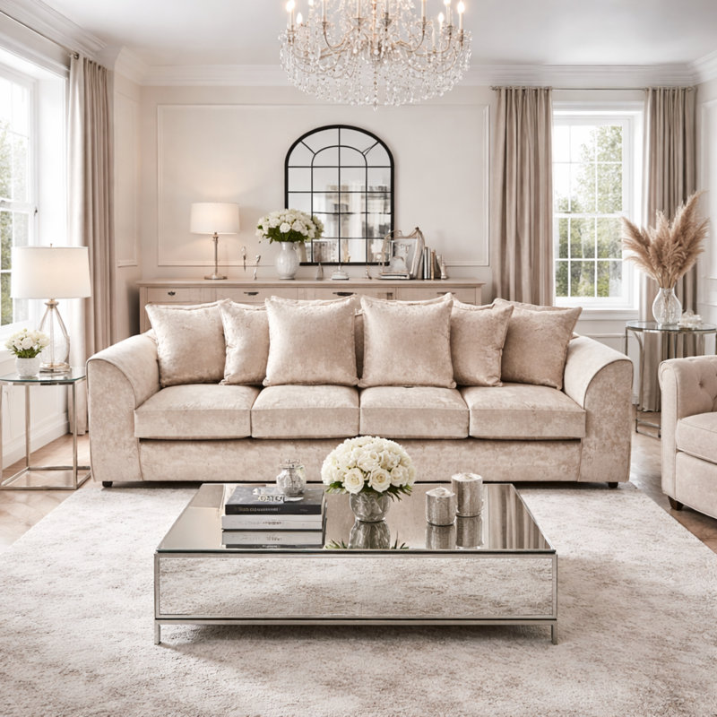 100% Crushed Velvet 4 Seater Sofa Upholstered Living Room Set, Beige