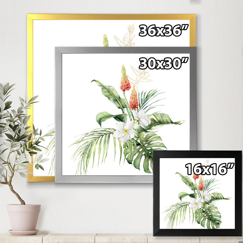 «Tropical Bouquet with Lupin Plumeria Palm Leaves», peinture sur toile encadrée, H 36 po x l 36 po x 1,5 po