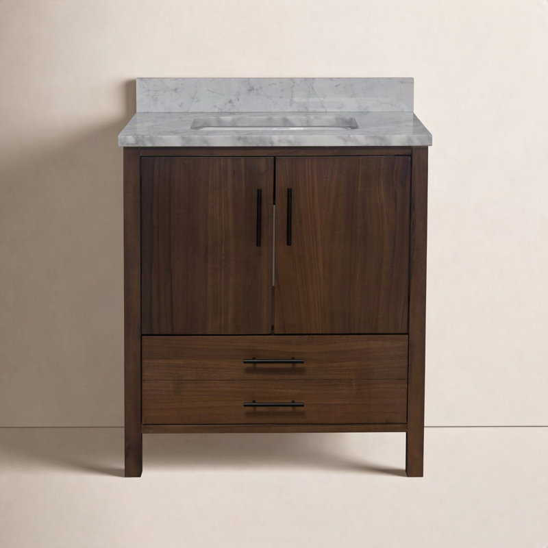 Kiara 30'' Single Bathroom Vanity with Top, Carrara Marble, Walnut Veneer