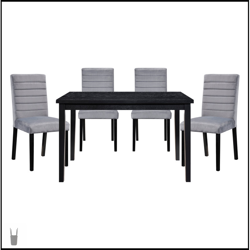 Ensemble de salle à manger 5 pièces avec table à finition noire et chaises en velours gris, parfait pour les intérieurs modernes et traditionnels.