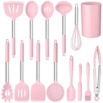 Ensemble 14 pièces d'ustensiles de cuisine en silicone, acier inoxydable, résistant à la chaleur antiadhésif, rose