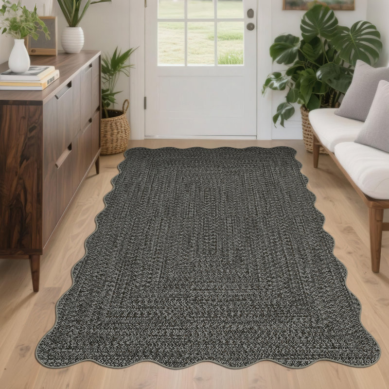 Farmhouse Scalloped Rug Washable Rug with Non Slip TRP Backing, Low Pile Non Shedding Rustic Carpet, Soft Thin Foldable Printed Mat for Living Room Bedroom