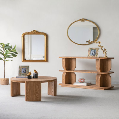 Table basse ronde D32 x 16,5 po avec pieds courbés et placage de frêne brun