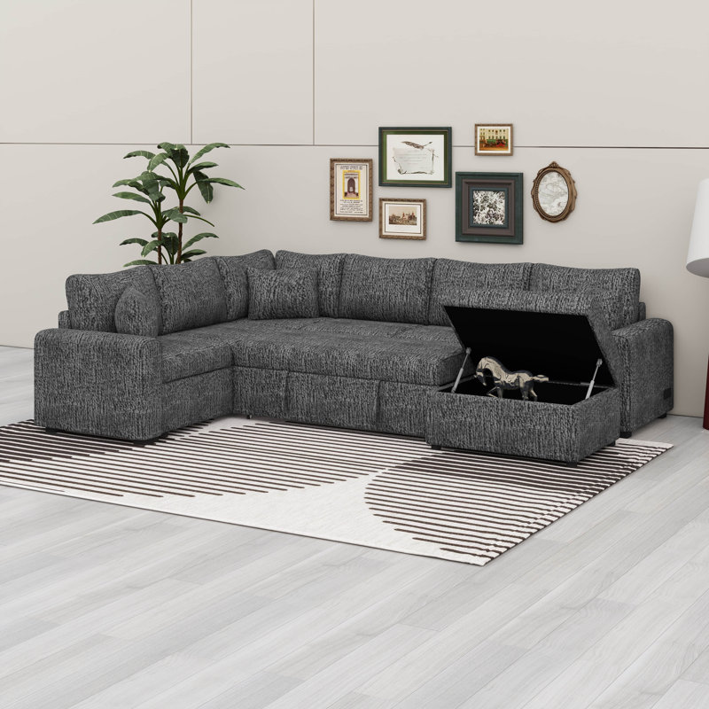 Canapé-lit modulaire modulaire avec lit escamotable, canapé d'angle convertible en forme de L avec repose-pieds, station de charge