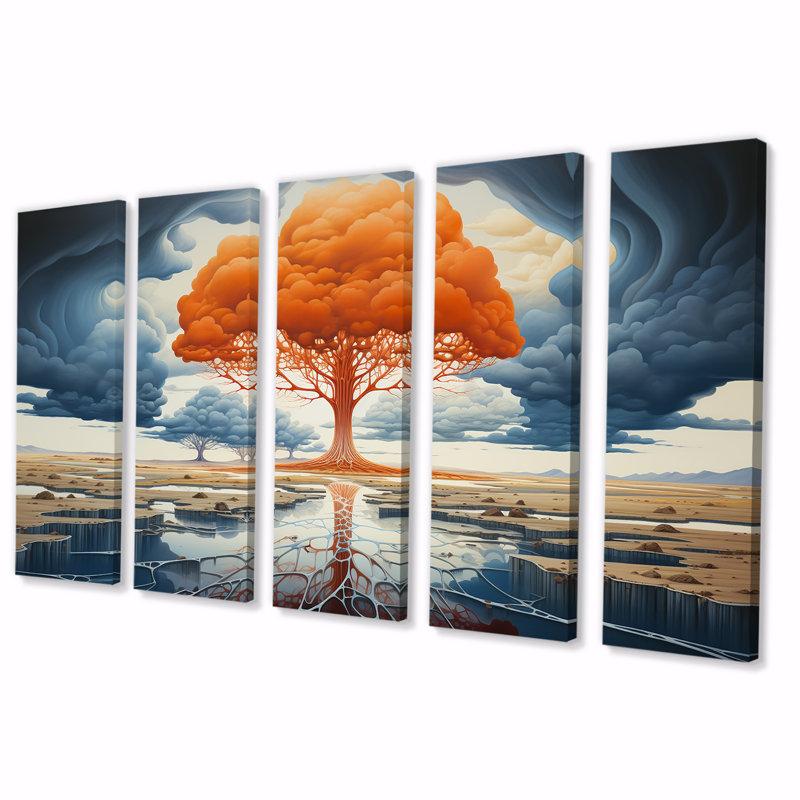 Arbre majestueux orange, art mural 5 pièces, H 28 po x l 60 po