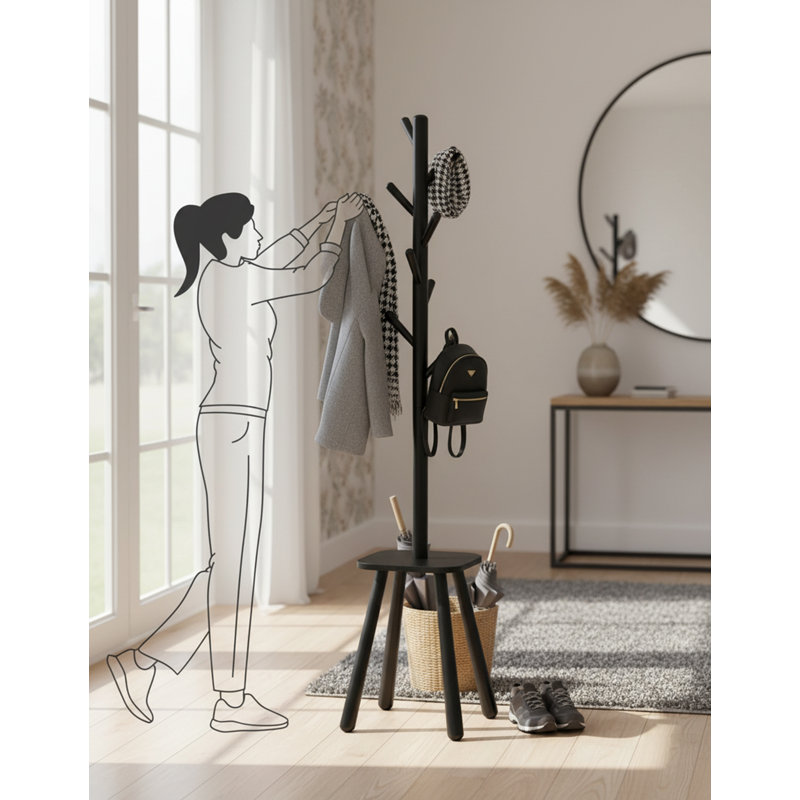 Modern Freestanding Coat Rack Hall Tree With 8 Hooks & Shelf