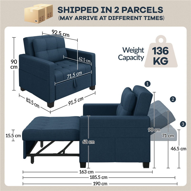 3-in-1 Convertible Sleeper Accent Chair Bed with Adjustable Backrest & Back Pillow, Blue