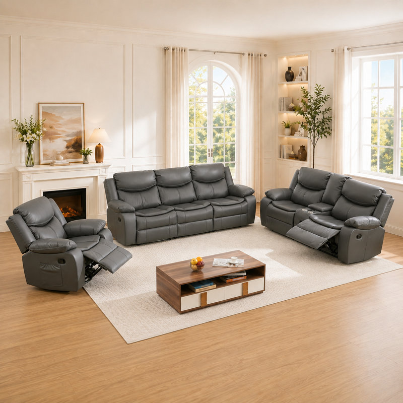  Ensemble de salon inclinable manuel 3 pièces avec haut-parleurs Bluetooth, porte-gobelets et console de rangement Adwin