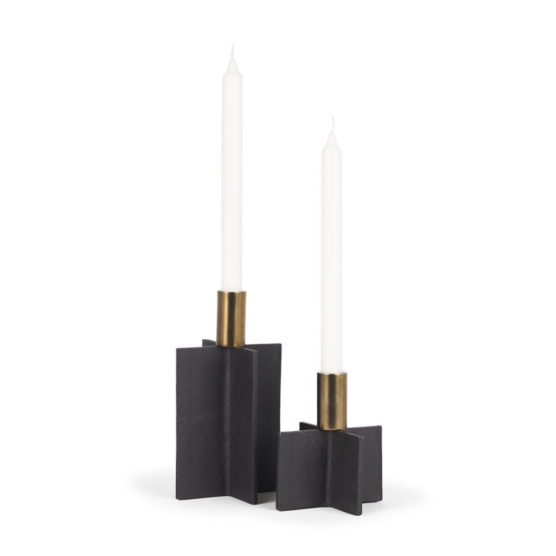 Ensemble de deux porte-bougies de table géométriques en métal noir et or