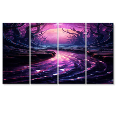 Forêt mauve, rivière enchantée, coucher de soleil, art mural sur toile, 4 pièces