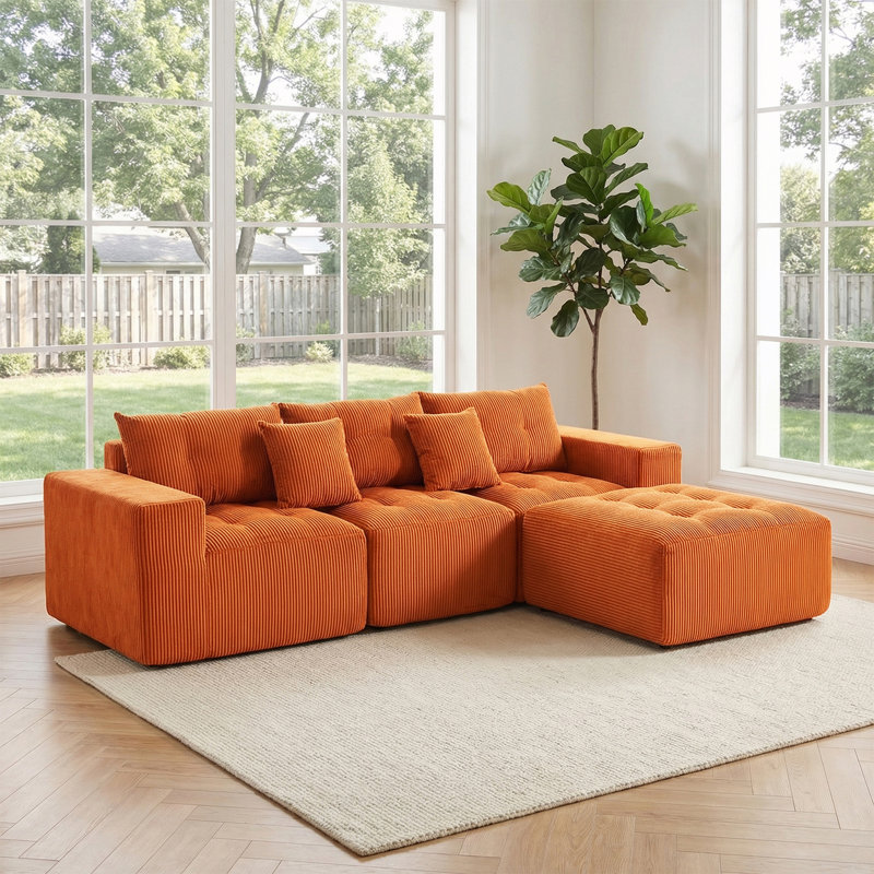 Canapé modulaire en L à 3 places avec repose-pieds mobile, Velours côtelé orange