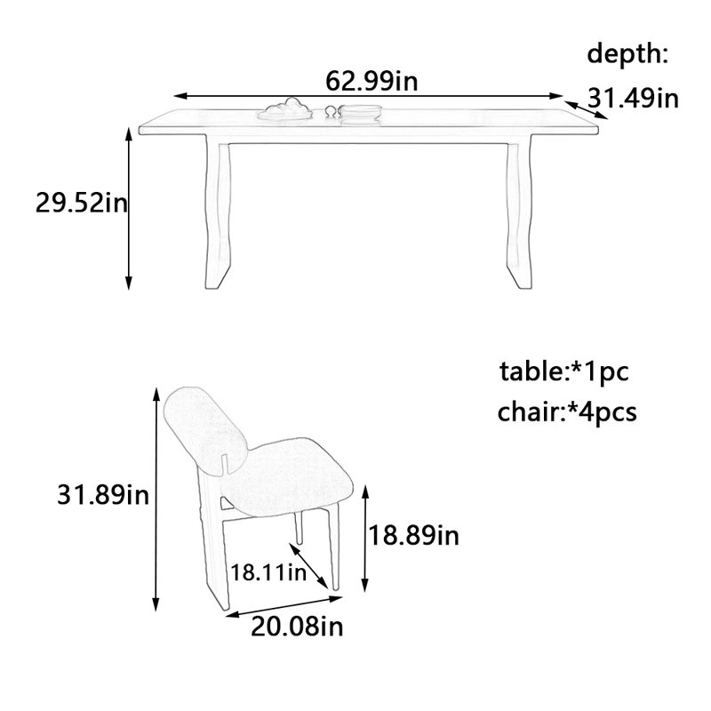 Ensemble de table et chaises de style moderne, H 29,52 po x L 62,99 po x l 31,49 po