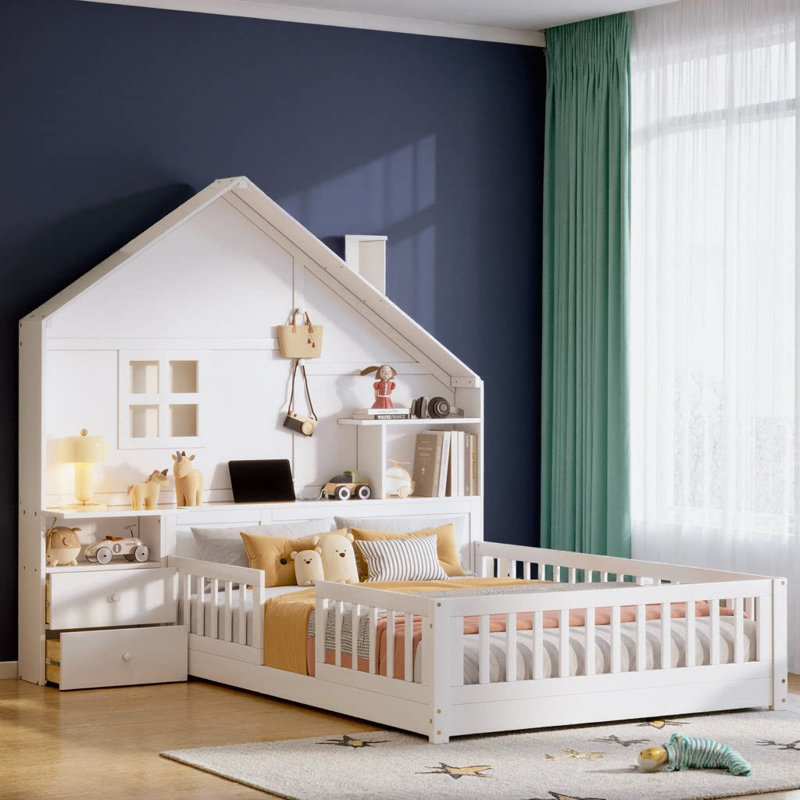 Lit simple Enchanting avec tiroirs de rangement et chargement USB, blanc, Lit double