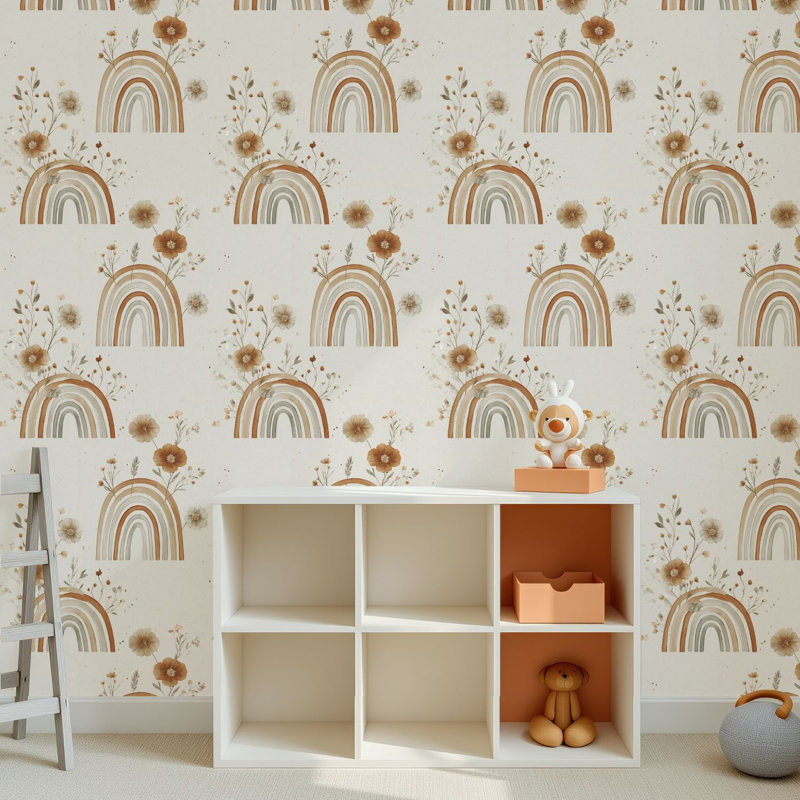 Papier peint adhésif peler et coller en PVC, revêtement mural auto-adhésif amovible avec impression d'arches arc-en-ciel de style botanique à la main, imperméable pour la décoration intérieure - Rouleau