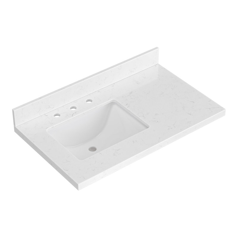 Ariel 36 Inch Carrara White Quartz Bathroom Vanity Countertop 1.5 Inch Thick Mitre Edge With Left Offset Rectangle Single Sink And Includes Backsplash