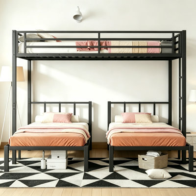 Modern Heavy-Duty Metal Triple Bunk Bed with Ladder & Guardrails, Convertible to Queen/Twin/Twin Configurations, Detachable Frame with Storage Shelf, Black