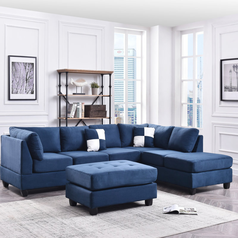 Canapé modulaire Malone G647B-SC (sans repose-pieds), Microfibre bleu marine, Orienté à droite