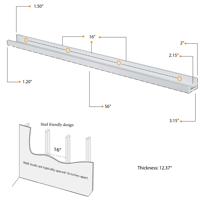 Turnerville 2 Piece Picture Ledge Wall Shelf, 3.15" H x 56" W x 2" D, White