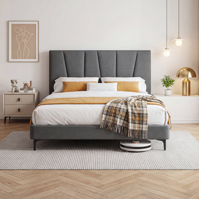 Charcoal Linen Platform Bed Frame - Solid Pine Support System, CertiPUR-US Foam, Queen Sizes, Queen