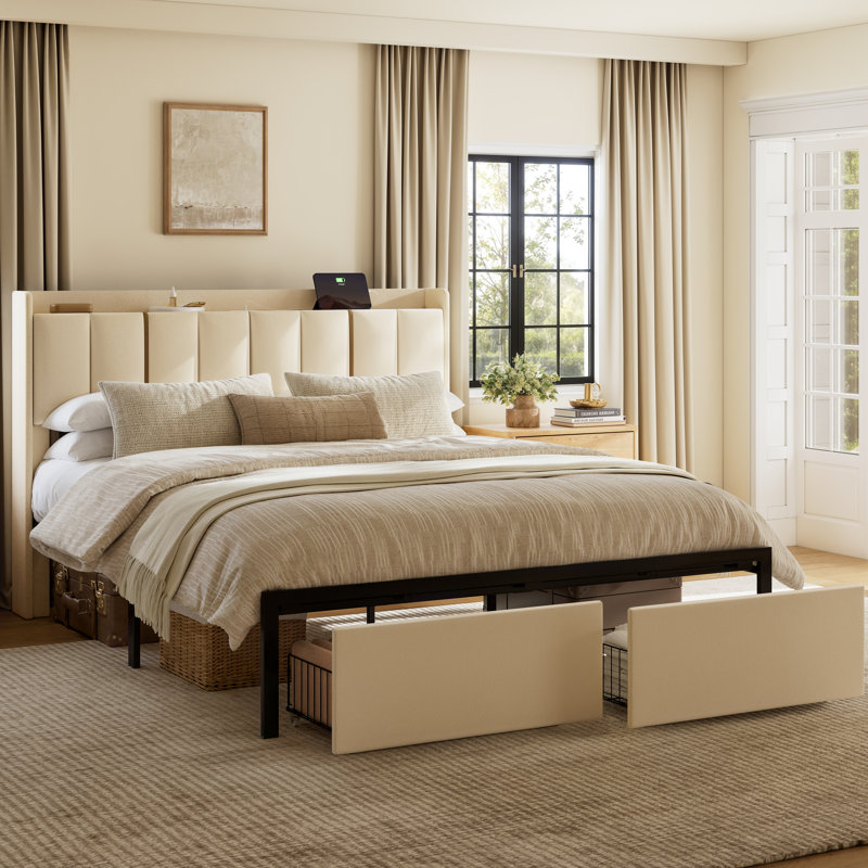 Upholstered Queen Bed with 2 Drawers and Open Storage Headboard，Platform Bed with Charging Station, No Spring Boxing Needed, Beige
