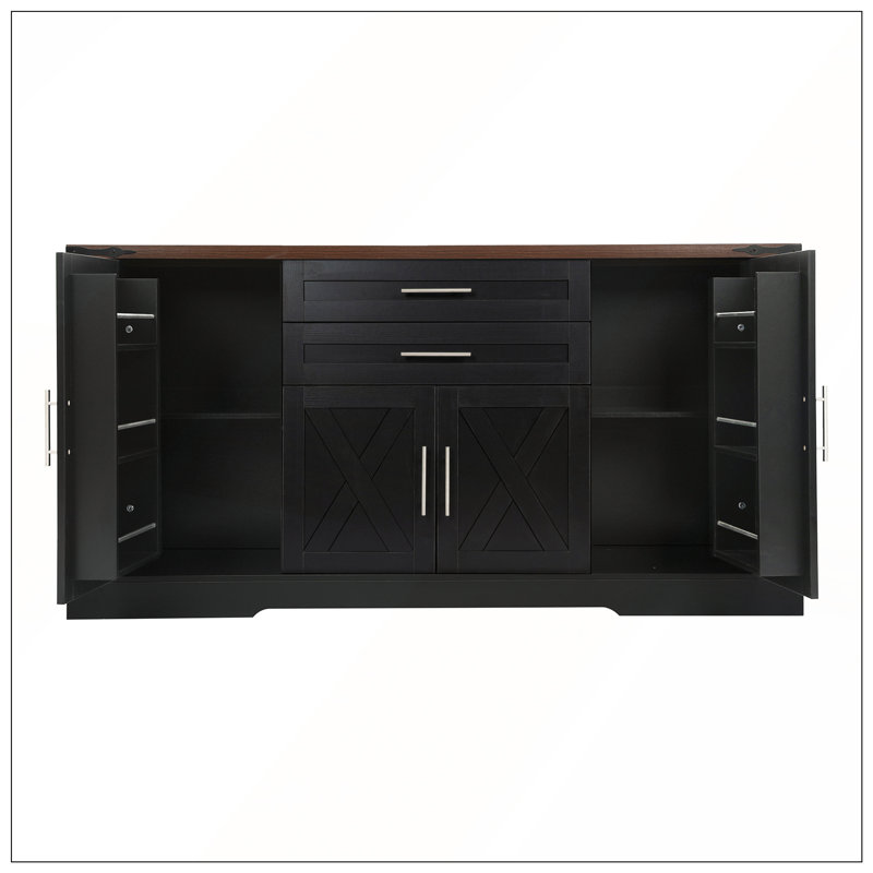 63 Inch Farmhouse Barn Door Storage Cabinet with 2 Drawers, Adjustable Shelves, and Door Rack for Versatile Home Use, Black