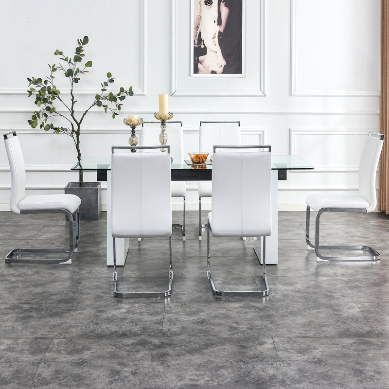 Ensemble de salle à manger en verre: table rectangulaire, pieds en MDF, 6 chaises en similicuir - élégance moderne pour des expériences culinaires élégantes
