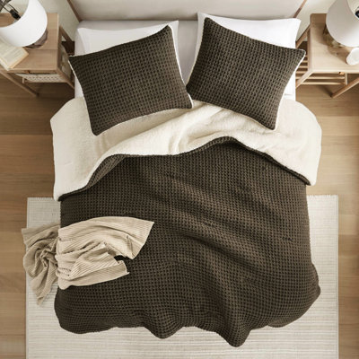 Édredon et taie décorative en chenille tricotée gaufrée, 100% réversible, lavable à la machine, literie à texture brune, 2 taies décoratives, revers, mélange brun-grisâtre