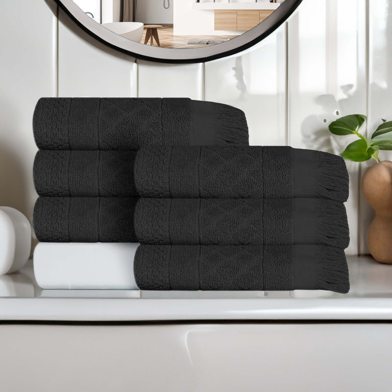 Rolla Geometric Jacquard Plush Soft Absorbent Cotton Bathroom Towel, Hand Towels - 6 Pack, Black