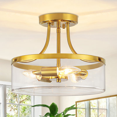 Plafonnier semi-encastré 3 lumières or avec abat-jour en verre