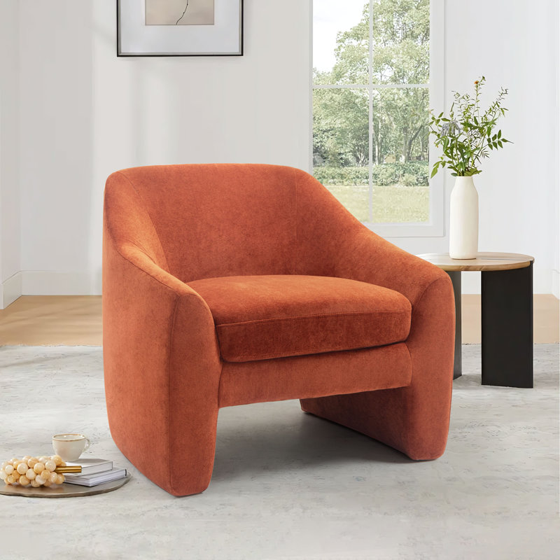 Fauteuil demi-tonneau rembourré Esly, Chenille terre cuite