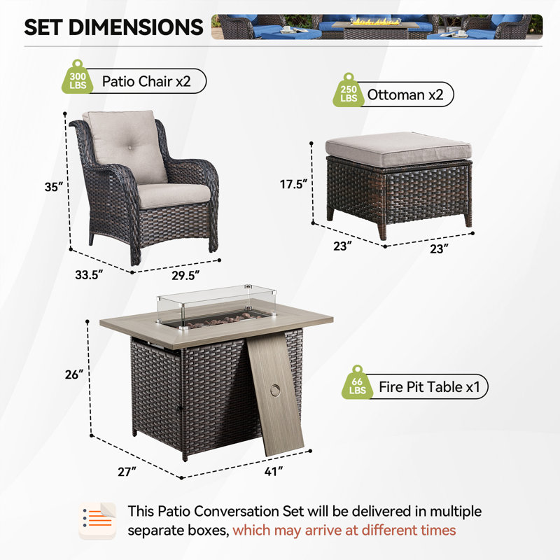 Wendye 5-Piece Outdoor Furniture Set, 2 Patio Chairs, 2 Ottomans & 55K BTU Fire Pit Table, Brown, Beige