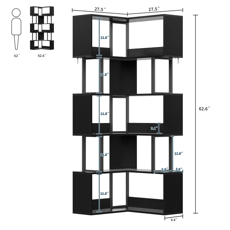 Space-Saving L-Shaped 6-Tier Corner Bookshelf, Black