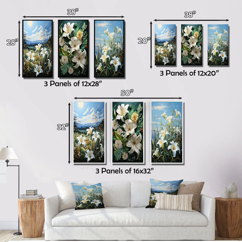 «White Green Lilies Field Pointillism Dot», 3 pièces sur toile, Toile tendue, H 32 po x l 48 po