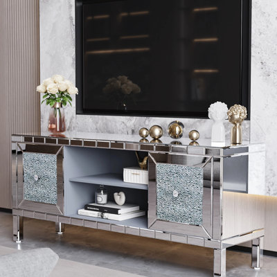 Table télé 60 po avec miroir moderne de 60 po, compatibilité de 65 po, portes d'armoire en diamant concassé, support de rangement multimédia personnalisable, support, style chatoyant, organisation modulaire