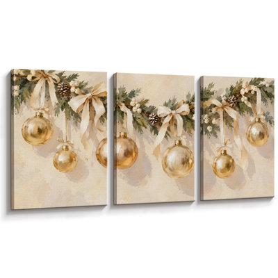 Christmas Holiday Celebration " Christmas Gold Ornaments Holiday Greenery Artwork, Living Room Pictures, Framed Canvas Giclee Print 3 Pieces Wall Art - 16"x24"x3pcs, 24"x36"x3pcs " Print