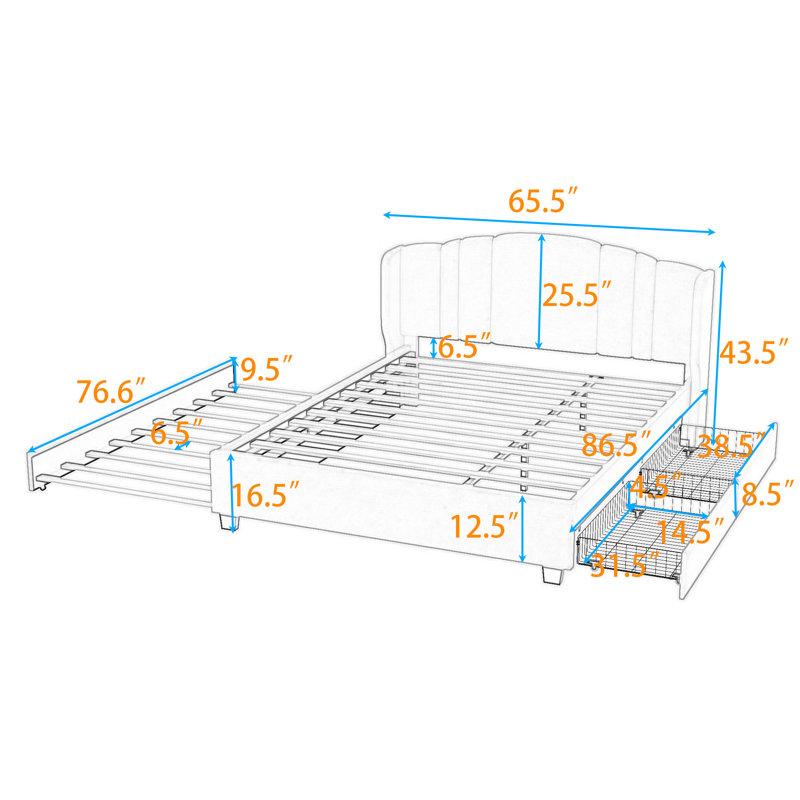 Advit Harless Queen Size Upholstered Platform Bed with Wingback Headboard and Twin Trundle, Beige