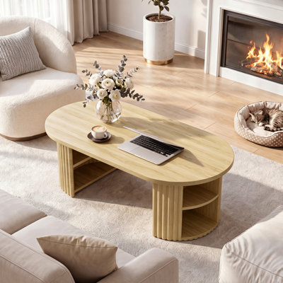 Table basse demi-ronde cannelée, table de centre de soutien latérale nervurée moderne avec compartiment de rangement inférieur ouvert, assemblage facile, naturel